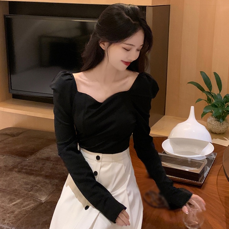 Áo thun tay phồng dài cổ vuông màu sắc trơn phong cách Hàn Quốc quyến rũ