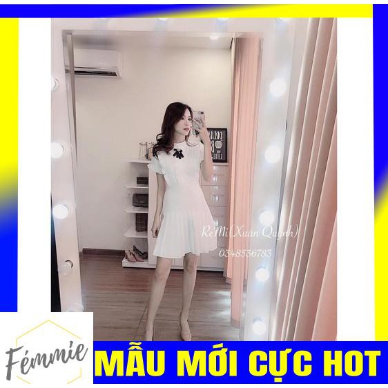 XẢ KHO GIÁ SỐC_ĐẦM HOTGIRL GIÁ RẺ_Đầm xinh công sở tay ngắn nơ cổ viền bèo xếp li - Thời trang hotgirl thiết kế cao cấp