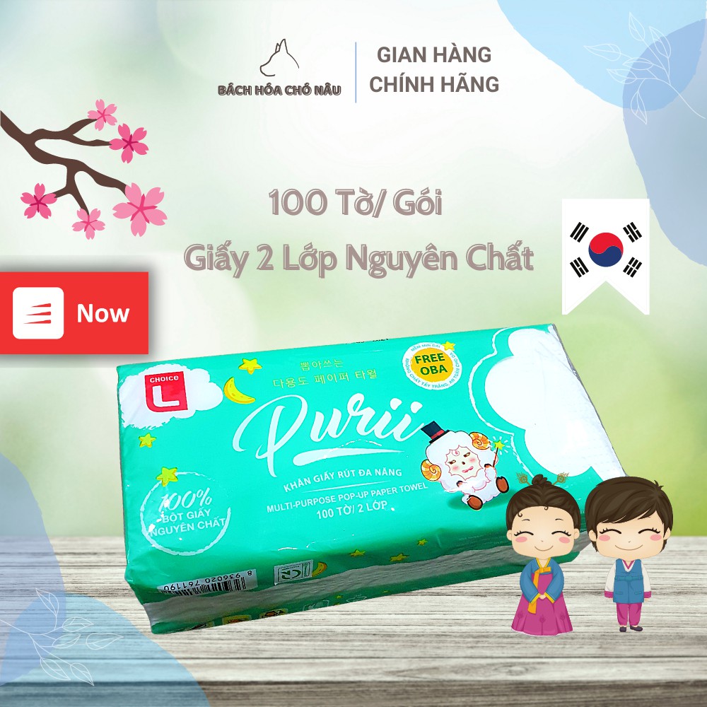 NOWSHIP Khăn Giấy Rút Purii Hàn Quốc LOTTE Choice L [100 Tờ/Gói] Giấy 2 Lớp [Hàng Chính Hãng]