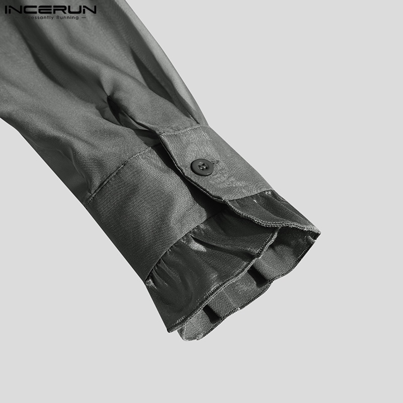 Incerun Áo Sơ Mi Flounce Henley Dài Tay Xuyên Thấu Thanh Lịch Phong Cách Anh Quốc Cho Nam