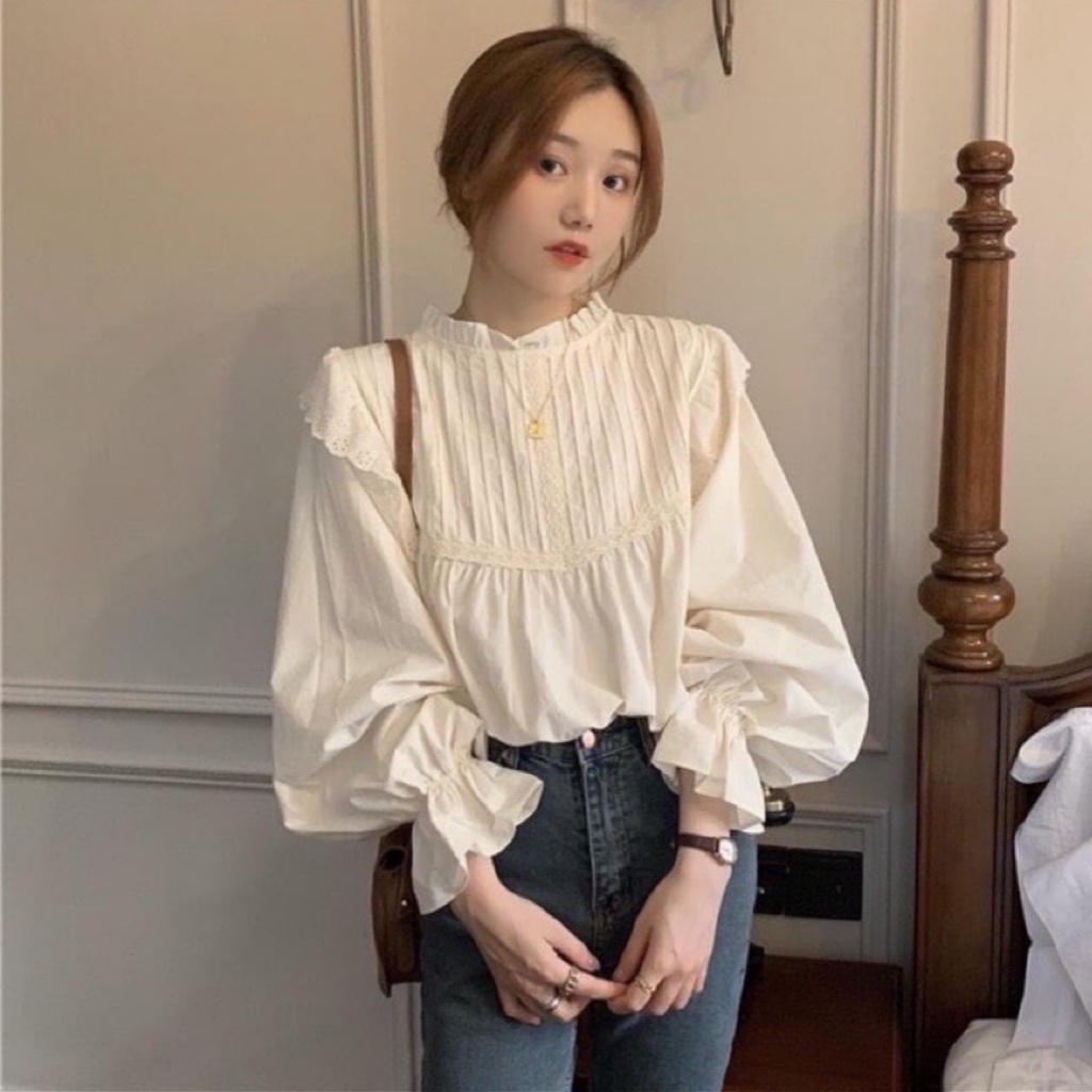 ( Kèm ảnh thật ) Áo babydoll nữ cánh tiên dài tay xếp ly có ren Ulzzang/ Áo sơ mi kiểu nữ tay phồng tiểu thư Hàn Quốc