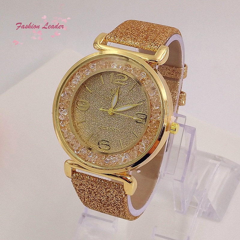 ✽FL✽Women Watches Crystal Ball Dial Shiny PU Leather Strap Wristwatch Analog Quartz