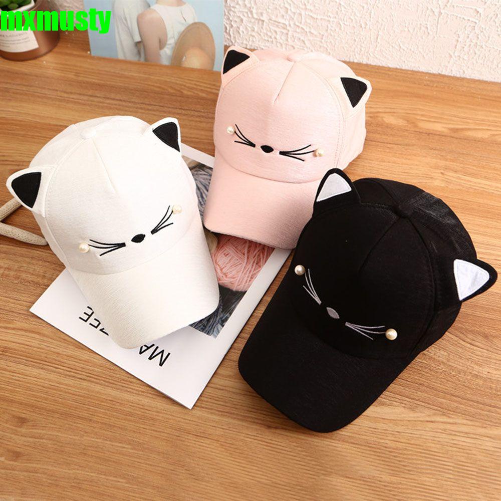 MXMUSTY Mũ lưỡi trai bằng vải canvas thêu hình tai mèo dễ thương có thể điều chỉnh nhiều màu sắc thời trang cho nữ
