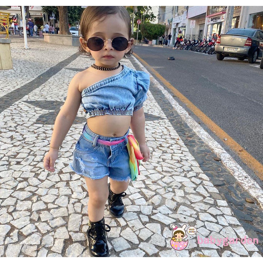 Áo Crop Top Hở Vai Có Túi + Quần Short Denim Cho Bé Gái