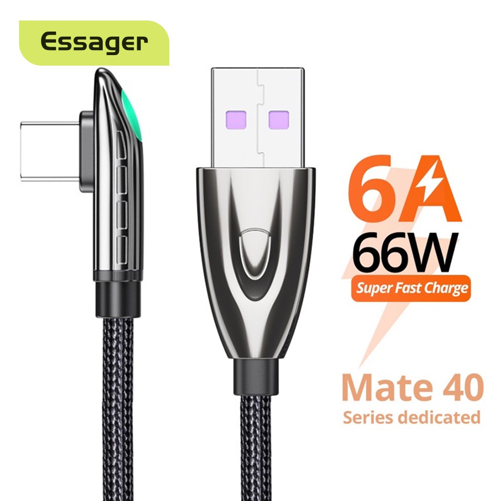 Dây Cáp Dữ Liệu Essager 6A 66W USB Type C USBC 90 Độ Sạc Nhanh 5A Có Đèn LED