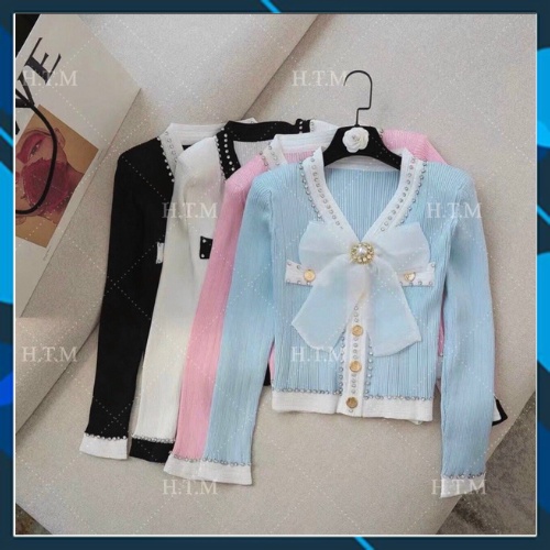 Áo len cổ V tay dài đính nơ viền đá ulzzang kiểu Hàn Quốc | BigBuy360 - bigbuy360.vn