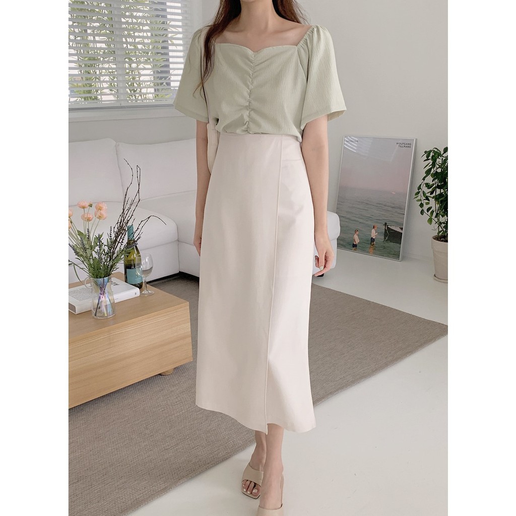 Áo sơ mi cổ chữ V tay ngắn/ chân váy dài xẻ tà 44625 phong cách Hàn Quốc dành cho nữ