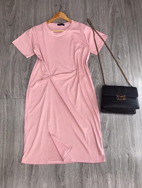 Đầm suông-váy xoắn eo cổ tròn dáng suông xẻ đùi chất cotton mát | BigBuy360 - bigbuy360.vn