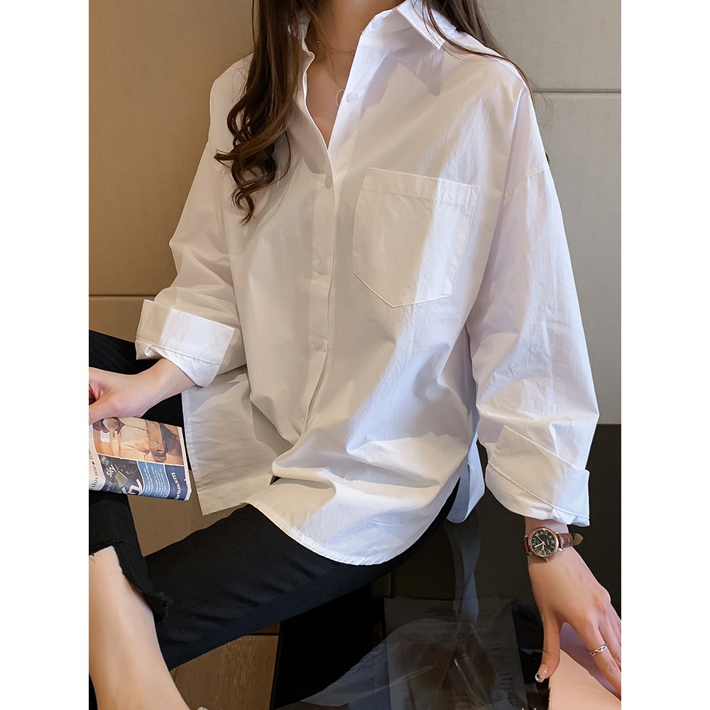 Sơ mi nữ trơn trắng đen Unisex GURI Áo sơ mi trắng dài tay nữ