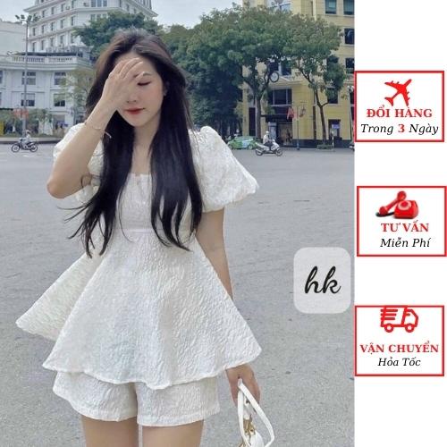 Set áo kiểu gấm nữ babydoll tay bồng nơ lưng tiểu thư bánh bèo kèm quần short đi biển ulzzang Hàn Quốc