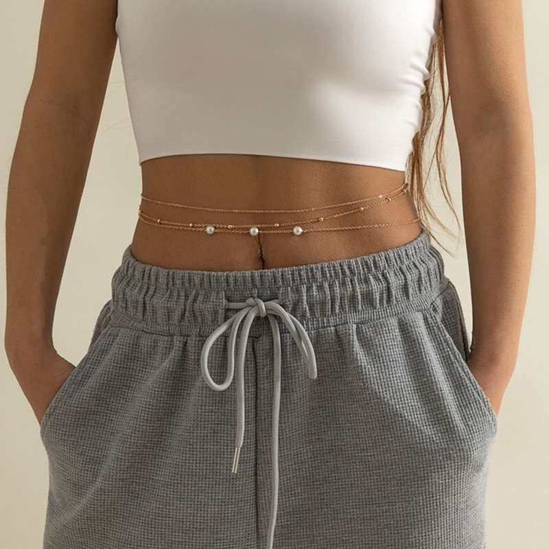 [QLQL] Chuỗi Ngọc Trai Đeo Thắt Lưng Bện Dây Xích Kim Loại Đính Hạt Gợi Cảm