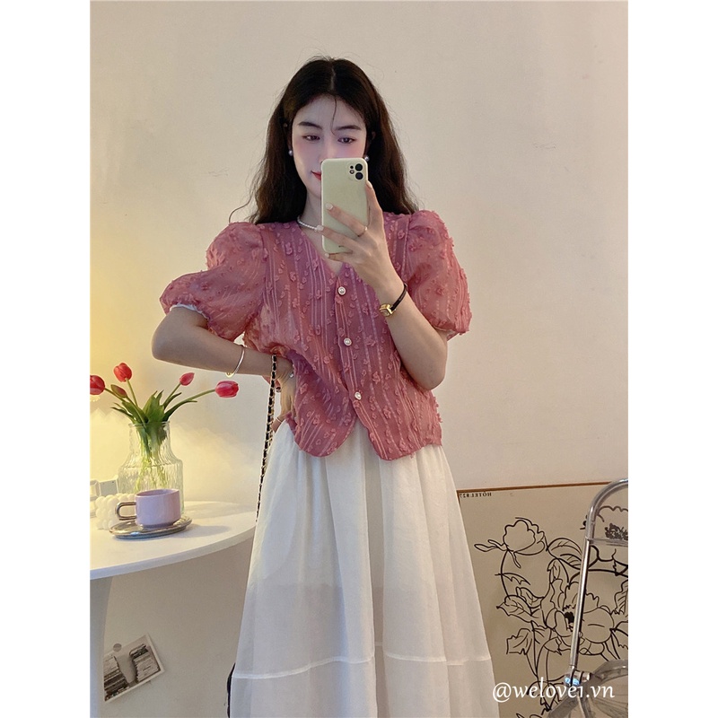 Áo Sơ Mi Tay Phồng Cổ Chữ V Thêu Họa Tiết Hoa Phong Cách Hàn Quốc Thời Trang Cho Nữ