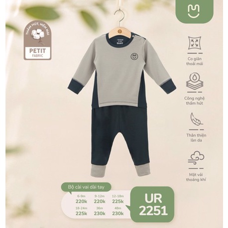 Bộ Uala Rogo dài tay cài vai Petit cao cấp mềm mịn thoáng mát thấm hút tốt trơn phối mẫu mới cho bé trai bé gái 2251