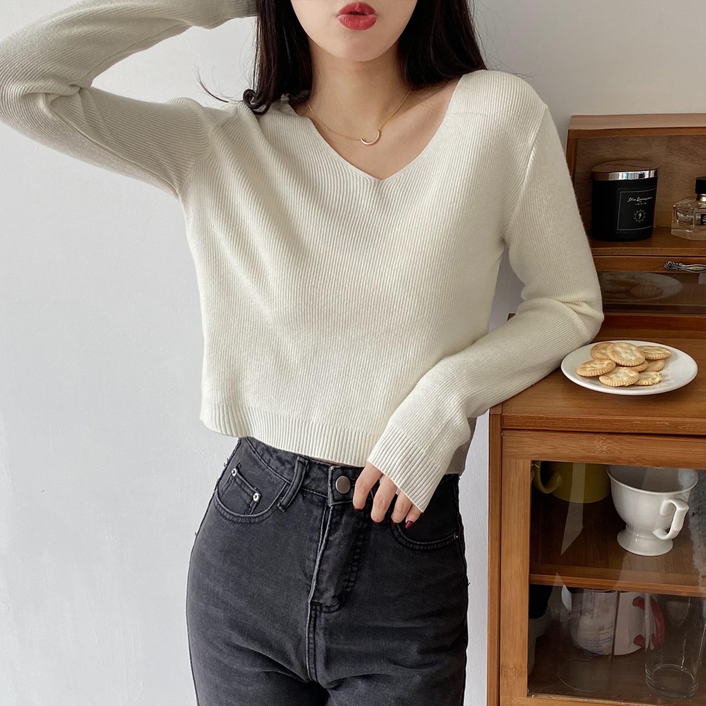 Áo Dệt Kim Tay Dài Cổ Chữ v Dáng Rộng Thời Trang Thu Đông Cho Nữ