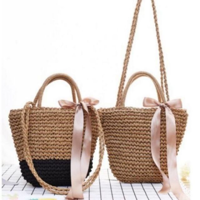 Combo túi cói nơ và mũ cói móc mềm vintage