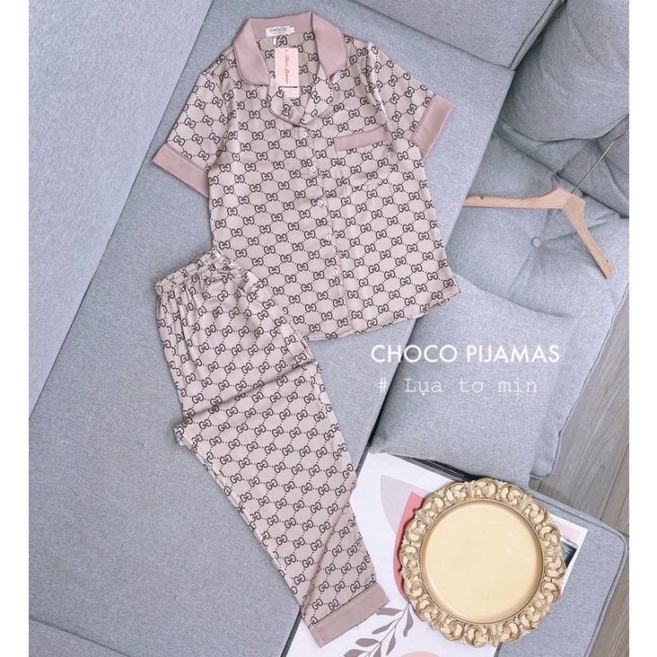 bộ lụa ngắn tay gucci FF màu nâu bộ mặc nhà đẹp bộ pizama lụa cao cấp