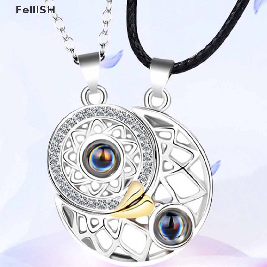 [Fel] 2PCS Couple Necklaces 100 Languages Sun And Moon Magnetic Pendant Love Memory COD