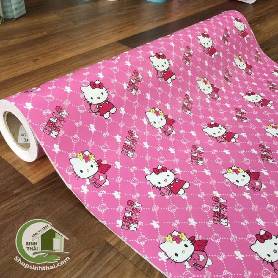 Giấy dán tường hello kitty màu hồng cánh sen, khổ 90cm có sẵn keo