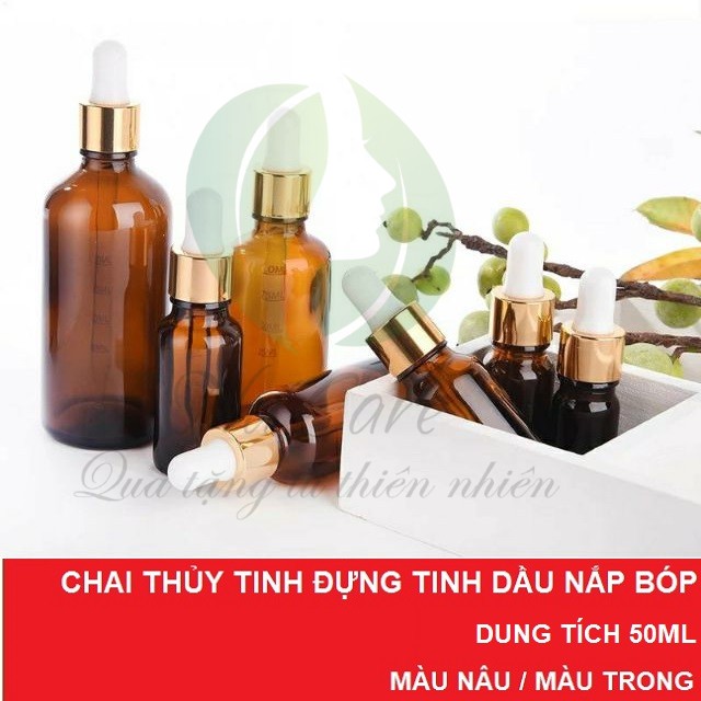 Lọ Serum - Chai Thủy Tinh Đựng Tinh Dầu 50ml Nắp Bóp Giọt Khoen Vàng Thân Nâu/Thân Trong - Chai Lọ Mỹ Phẩm