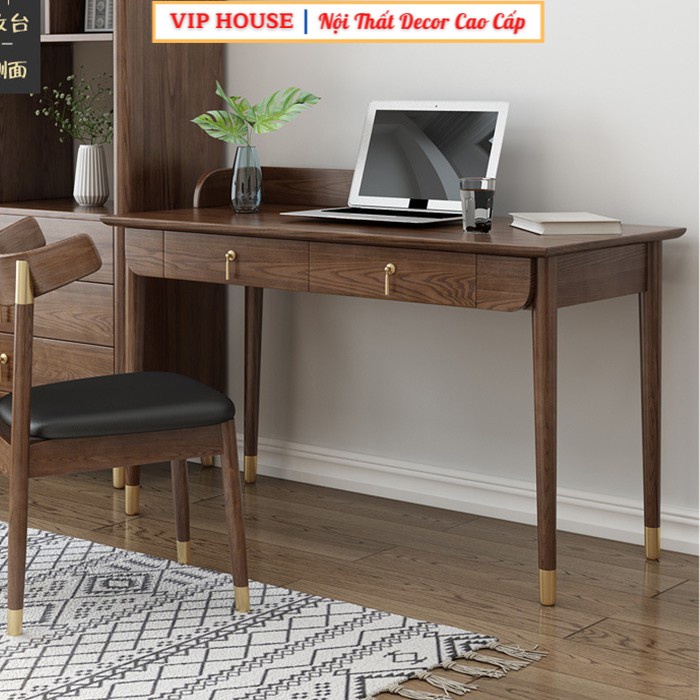 Bàn Làm Việc Gỗ Tự Nhiên Phong Cách Đơn Giản, Bàn Học Màu Nâu Óc Chó 2 Ngăn Kéo KT120x60cm Decor Phòng Khách BAH060