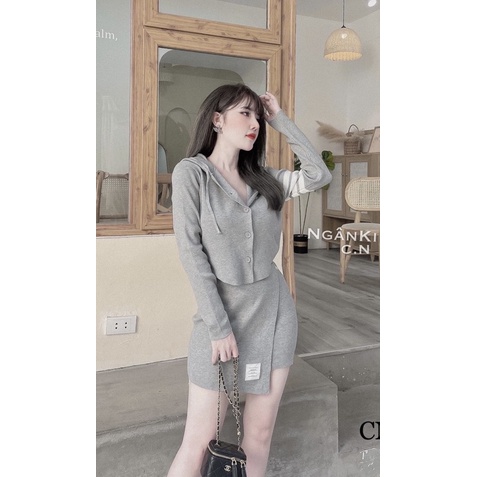 Set len Thom áo mũ chân váy vạt chéo năng động