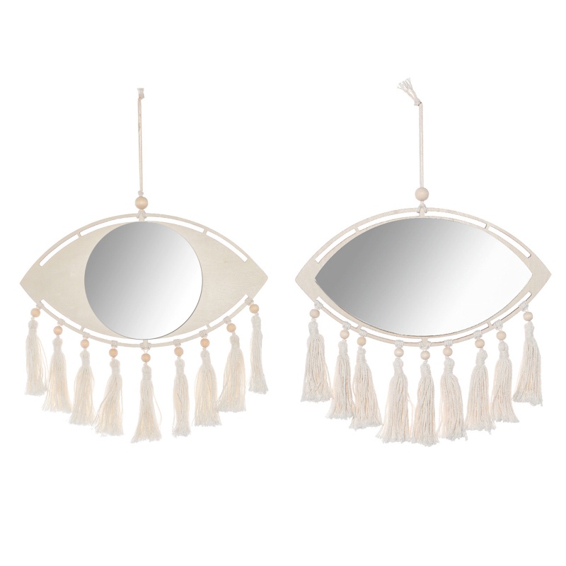 Gương Treo Tường Trang Trí Bằng Dây Cotton Bện Phối Tua Rua Phong Cách Boho Bắc Âu