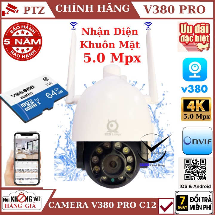 ( TẶNG THẺ 64G ), Camera - CAMERA WIFI V380 PRO C12 5.0 Mpx , PTZ NGOÀI TRỜI , theo dõi chuyển động , đàm thoại 2 chiều,