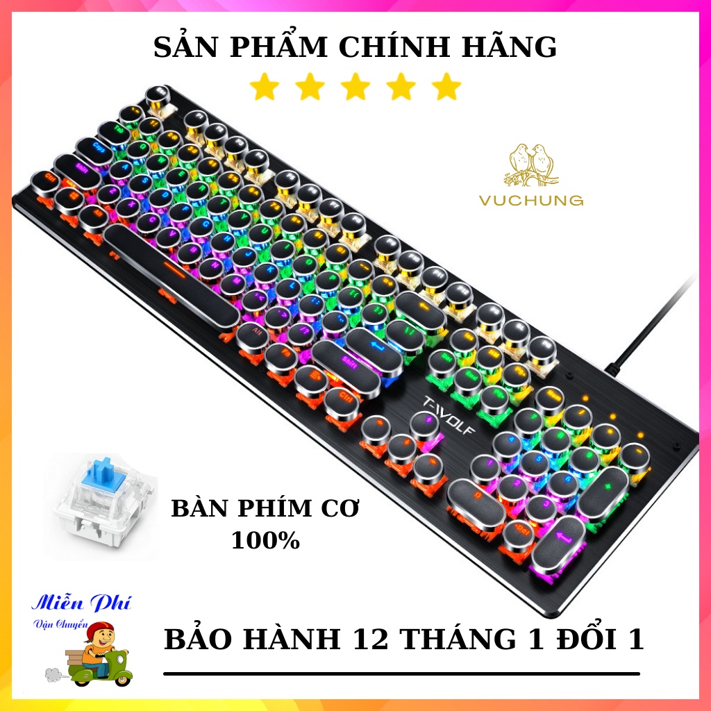 Bàn phím cơ, Bàn phím gaming Thunder Wolf phím bấm rất nảy và ròn bàn phím tròn đèn led với 9 chế độ Bh 12 tháng