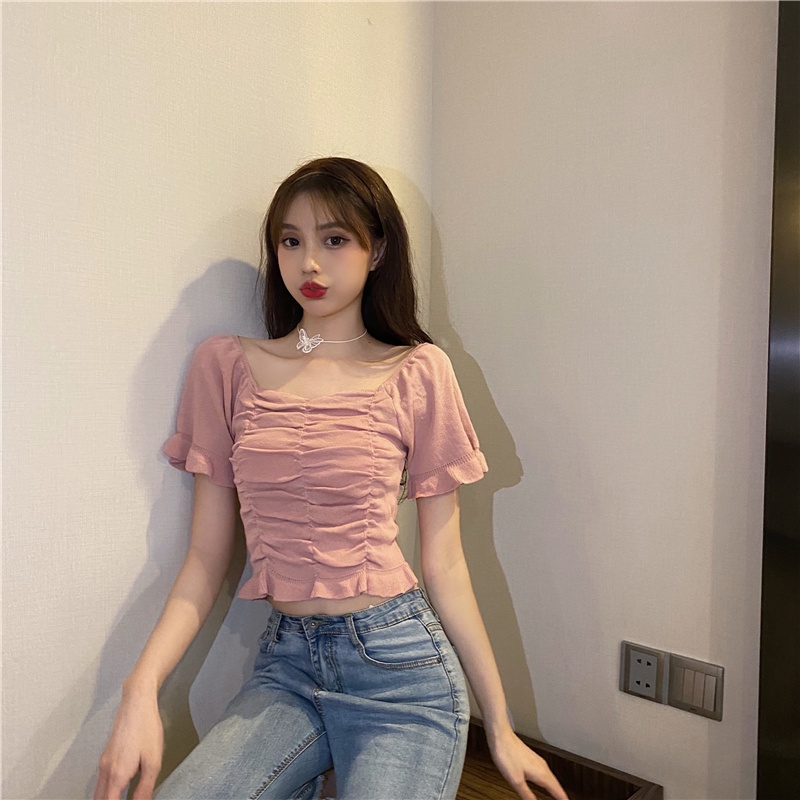 Áo kiểu ZHELIHANGFEI tay ngắn cổ vuông phong cách Pháp thời trang 2022 dành cho nữ