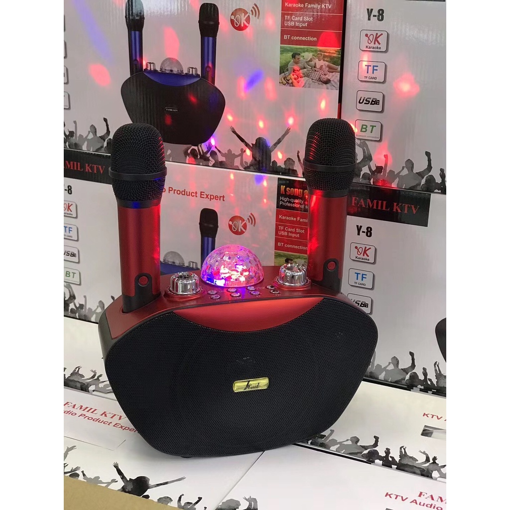 Loa karaoke bluetooth, loa hát karaoke gia đình Y8 tặng kèm 2 mic không dây có đèn led cực sang có nút vỗ tay
