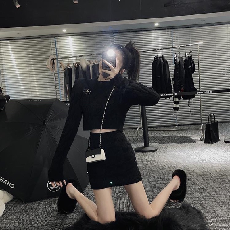 Set len vặn thừng áo tay dài croptop và chân váy ôm hàng taobao