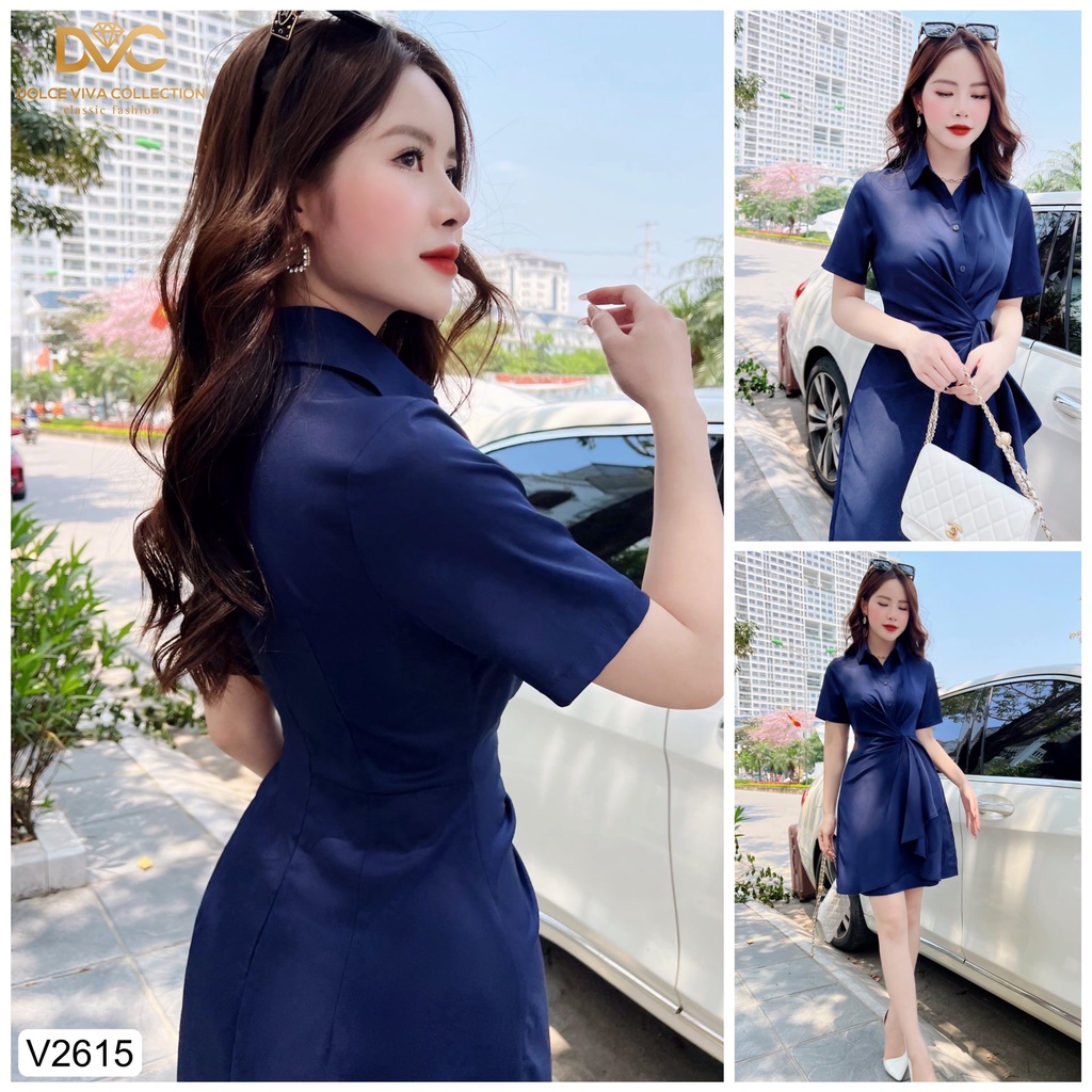 Váy sơ mi pha lụa Hàn xanh than xòe nhún eo thiết kế V2615