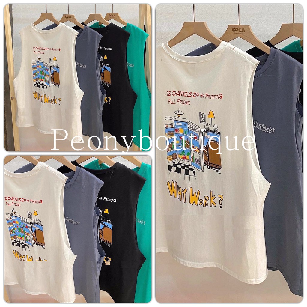 Áo Tanktop Whywork PEONYB Nữ [FREESHIP]  Thun ba lỗ in hình cá tính, phông không tay màu ĐEN | TRẮNG | XANH Ulzzang