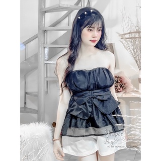 Set áo cúp ngực cột nơ phối quần short tafta