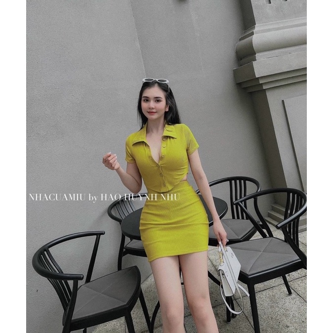 SET ÁO GÀI CÚC CỔ BẺ KÈM CHÂN VÁY NGẮN ÔM BODY
