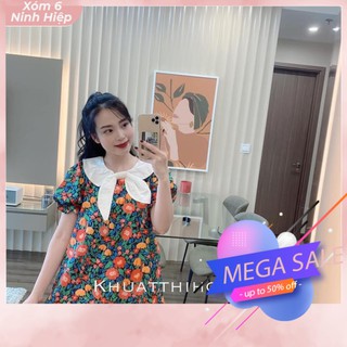 Váy hoa thô cổ nơ trắng dáng babydoll chân cá
