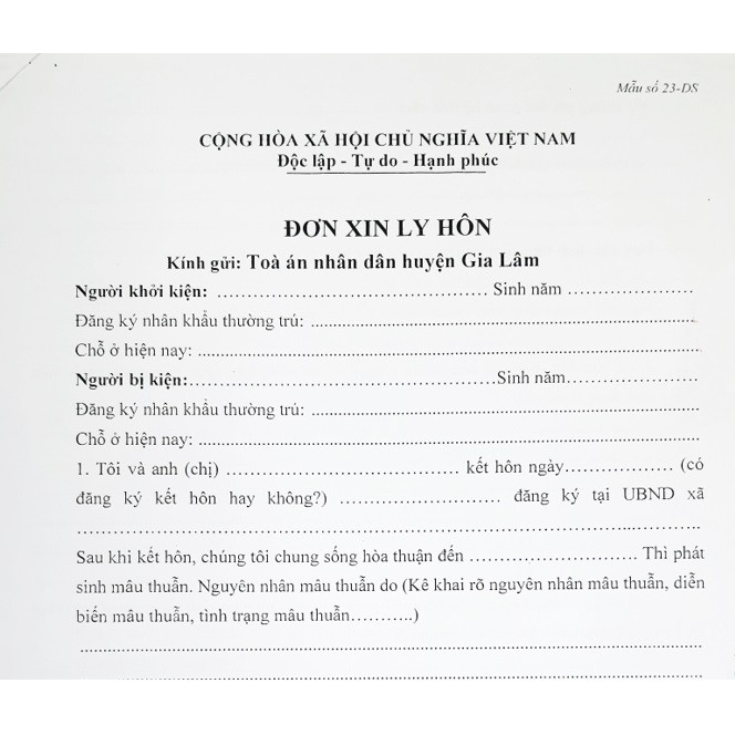 Mẫu đơn ly hôn của Tòa án huyện Gia Lâm+bản hướng dẫn chuẩn bị hồ sơ, hướng dẫn nộp hồ sơ đến Tòa án