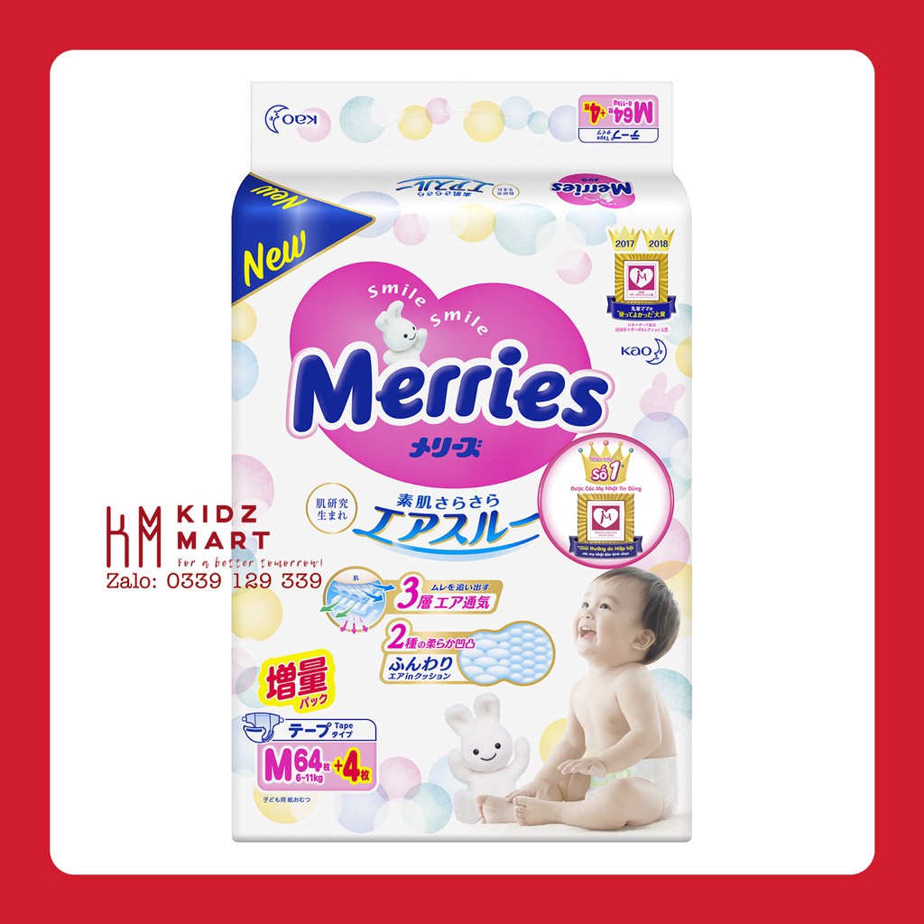 Tã dán Merries size M 64+4 miếng