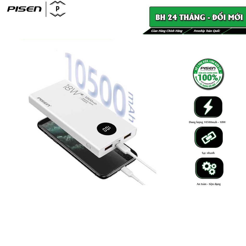 Sạc dự phòng PISEN Quick 10500mAh(LED) - Ultra, sạc nhanh, công suất sạc 18W, tương thích mọi thiết bị, model: TS-D290