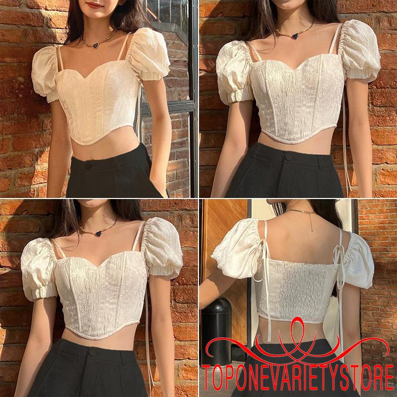 Áo Croptop Tay Ngắn Phồng Cổ Buộc Dây Thời Trang Cho Nữ
