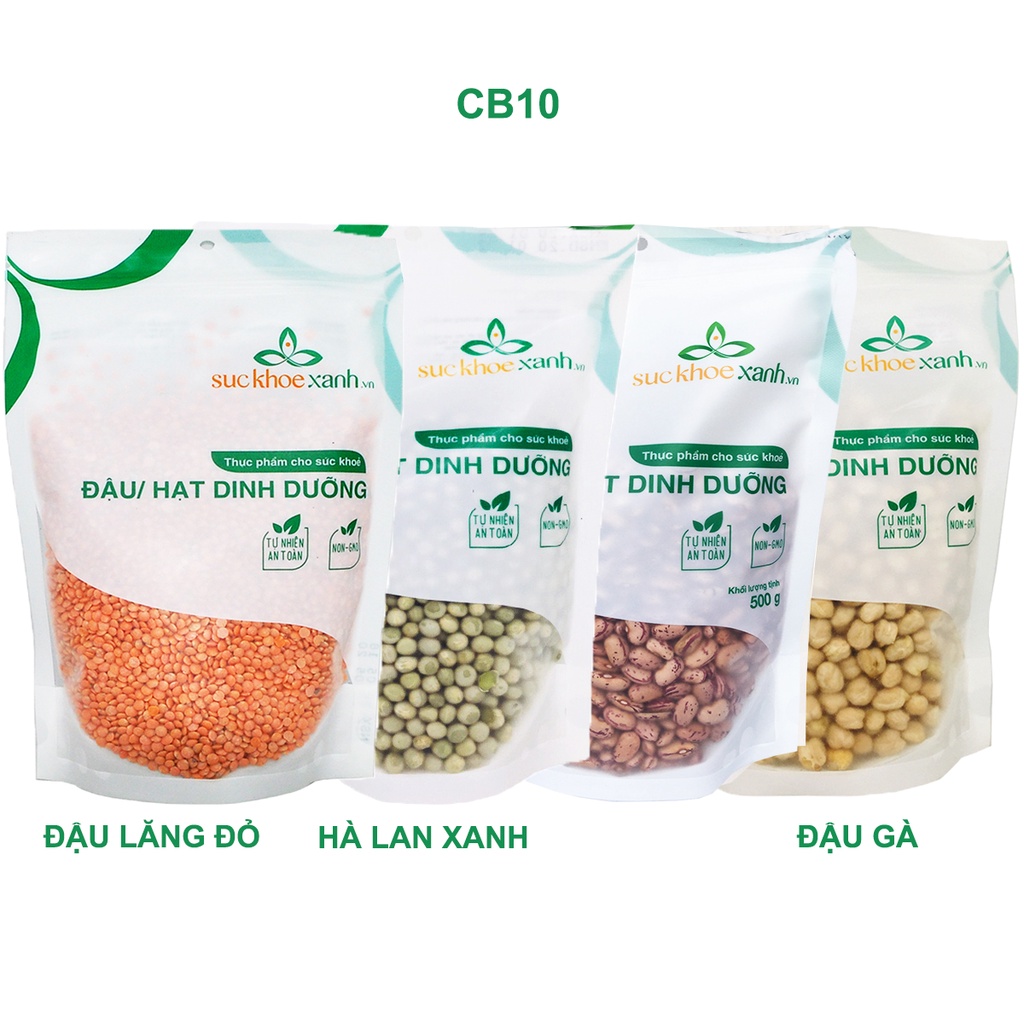 Combo 10 - 1 Đậu Gà & 1 Lăng đỏ & 1 Hà Lan xanh nguyên hạt & 1 Đậu Cúc Suckhoexanh.vn (mỗi túi 500g)