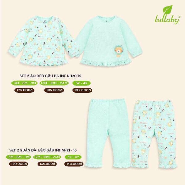 LULLABY 2019 - Set 2 áo/quần/bộ dài tay áo bèo gấu cho bé gái từ 3 tháng đến 4 tuổi