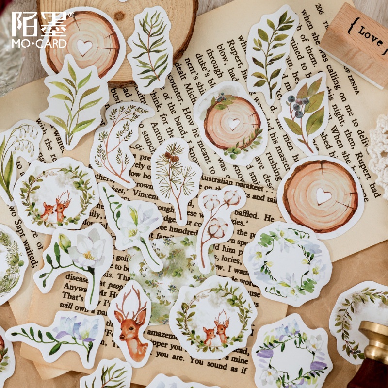 Enjoymore 🌿 Hộp 46 Miếng Dán Hoa Lá Cây Cỏ Hươu Nai Xinh Xắn Trang Trí Scrapbook Bullet Journal Hình Dán Sticker Set Bộ