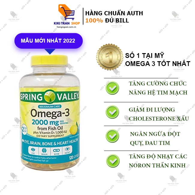 Viên uống hỗ trợ tim mạch khỏe, mắt sáng Spring Valley Omega 3 2000mg hộp 120 viên, hương vị chanh, chính hãng Mỹ