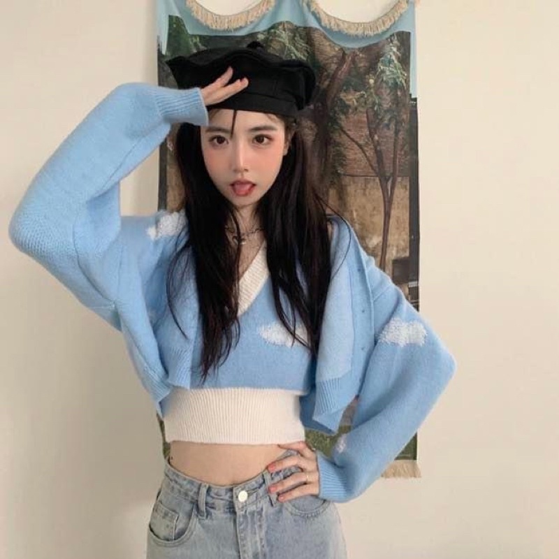 Set áo ba lỗ croptop len in hình mây kèm áo khoác cardigan len tay dài - Order taobao quảng châu
