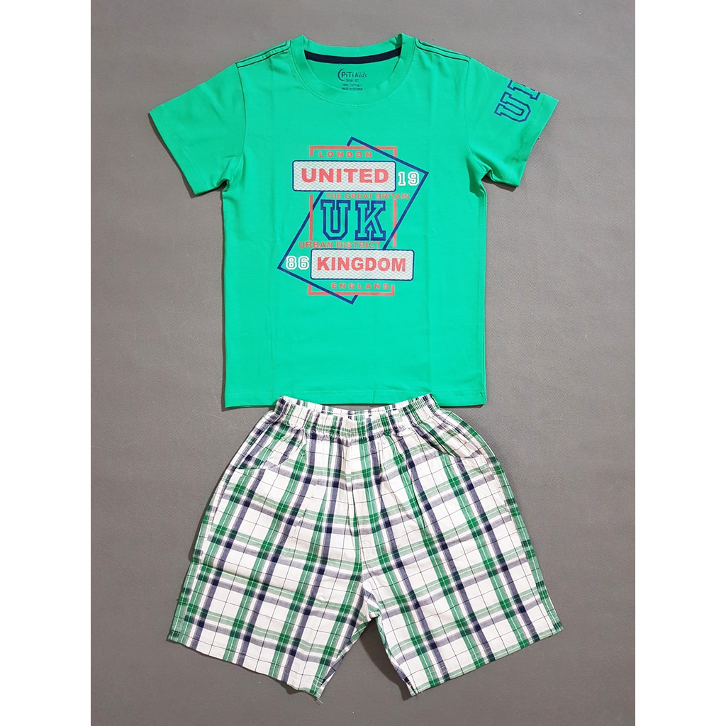 Bộ áo thun cotton in UK quần caro bé trai size đại