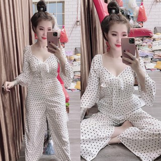 Bộ lụa chấm bi phối nơ tay ống loe - Hàng mới về (kèm hình thật)