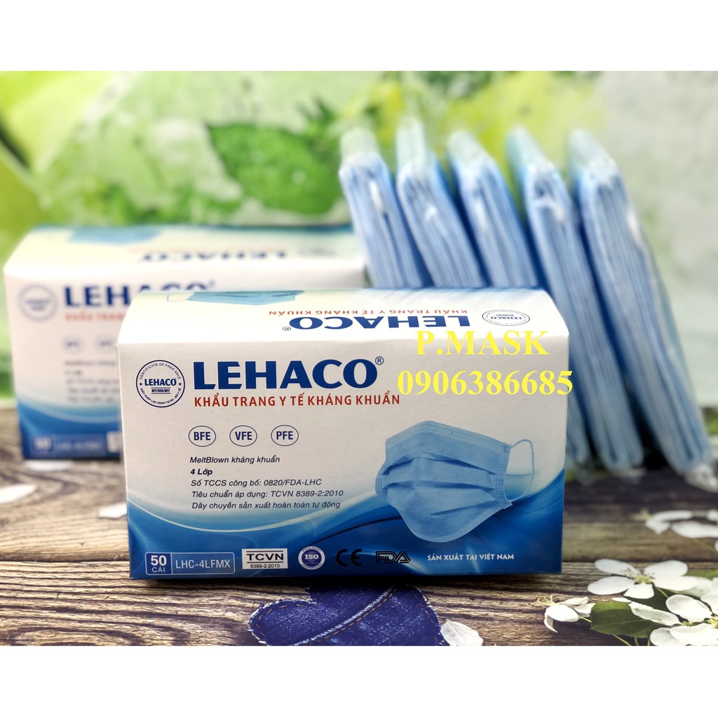 Khẩu trang 4 lớp Lehaco màu Xanh Kháng Khuẩn hộp 50 cái