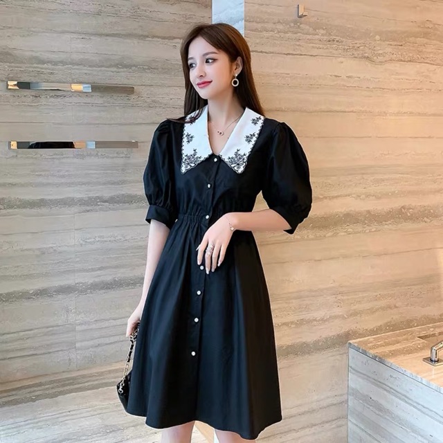 (Order 5-10days) Bigsize M-4XL Đầm cổ thêu , vai bồng cổ điển hot 2020