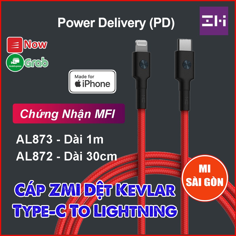 Cáp Type C sang Lightning ZMI Bọc Kevlar (Đen) - AL873 Dài 1m hoặc AL872 Dài 30cm